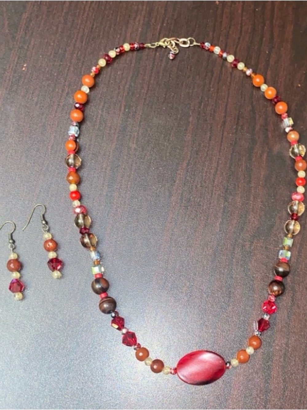 Red Beaded Necklace with Matching Earrings